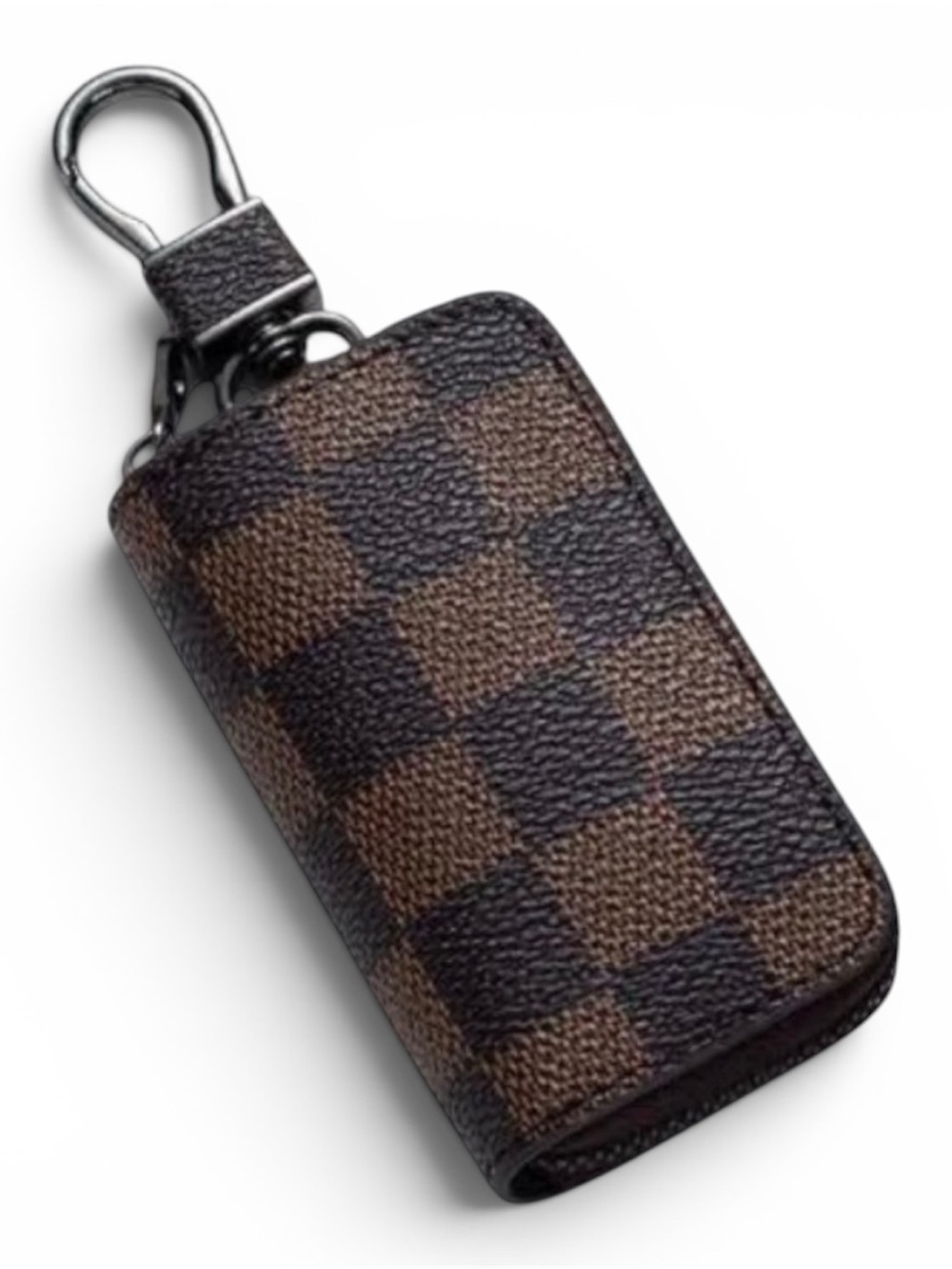 Designer-Style Brown Check Key Pouch with Clip